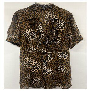 Vintage Scott Taylor Womens Size L Leopard Print Button-Up Ruffle Blouse Top 90s